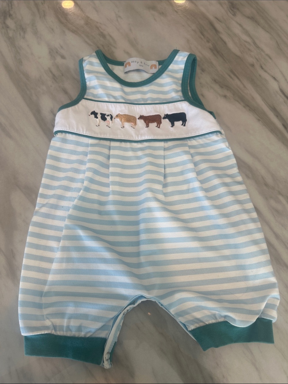 Ally & Ben Baby Blue Striped Cow Appliqué One-Piece